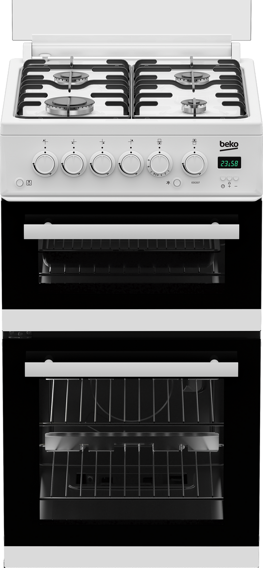 Beko EDG507W 50cm Twin Cavity Gas Cooker with Gas Hob & Glass Lid - White
