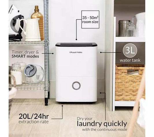 Russell Hobbs RHDH2002 20L Dehumidifier - White & Black