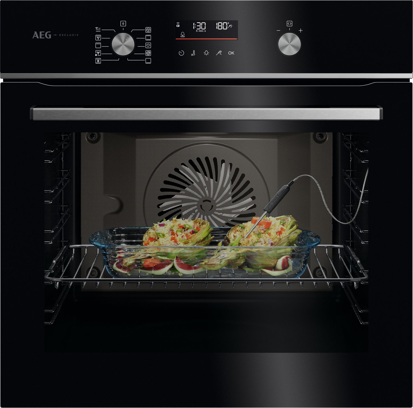AEG GA5CB50FAB 59.5cm Built In Electric Single Oven - Gloss Black with Steel Trim