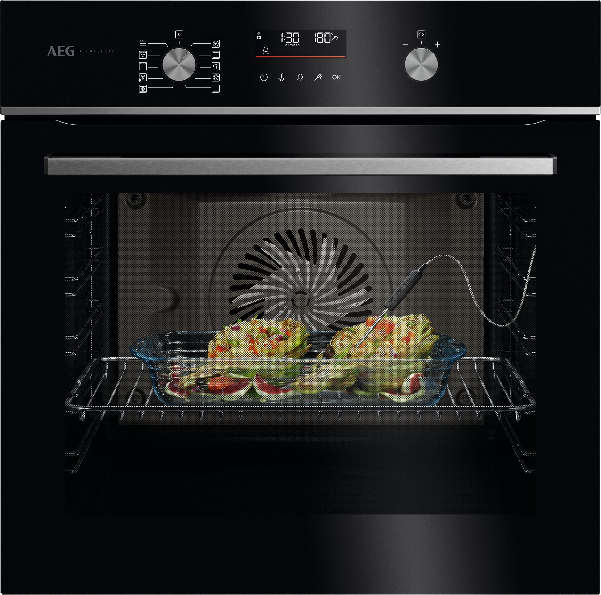 AEG GA5CB50FAB 59.5cm Built In Electric Single Oven - Gloss Black with Steel Trim