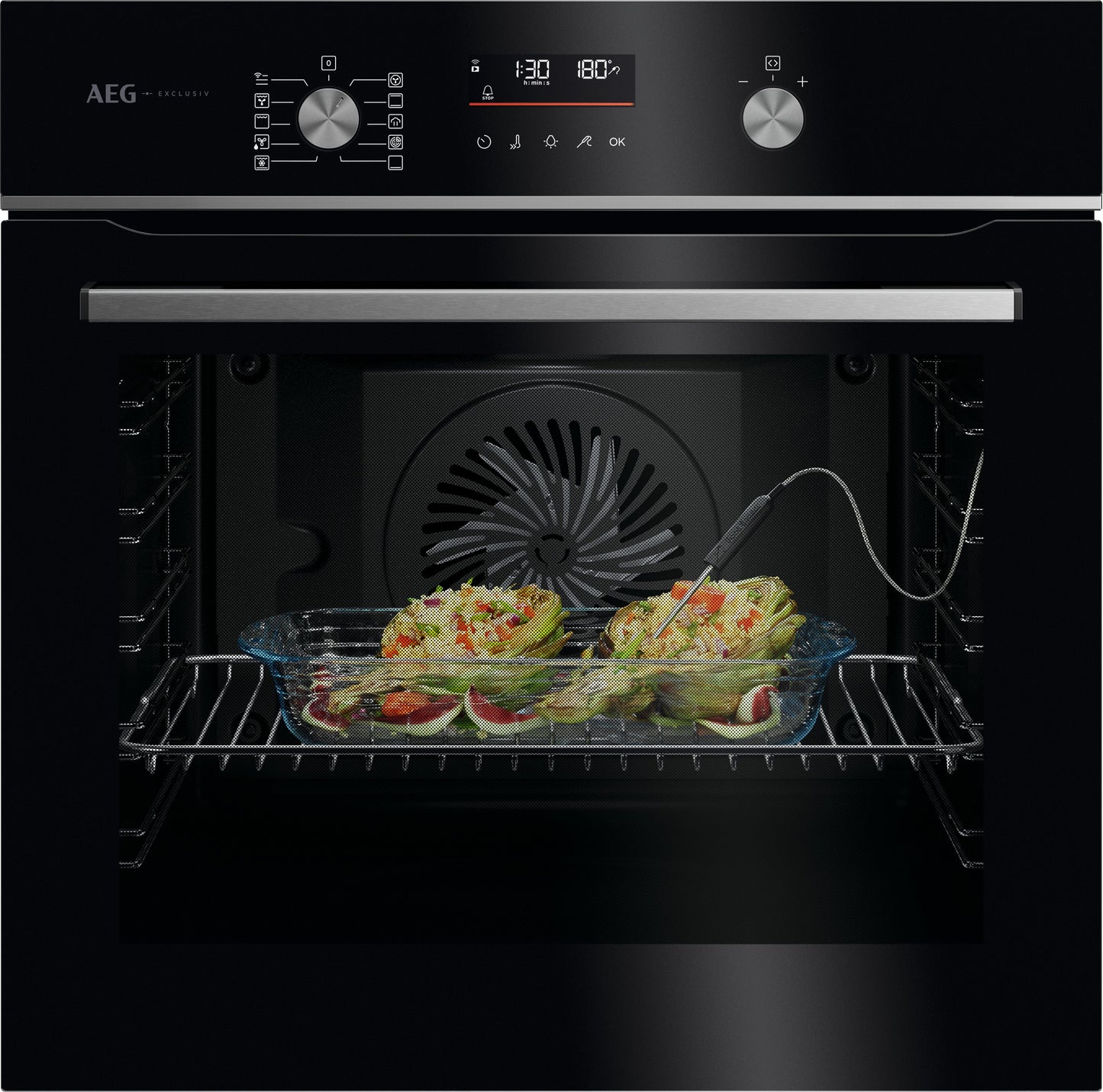 AEG GA5PB50FAB 59.5cm Built In Electric Single Oven - Gloss Black with Steel Trim