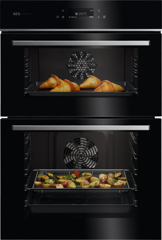 AEG GE7CP61FB 59.4cm Built In Electric Double Oven - Gloss Black with Steel Trim