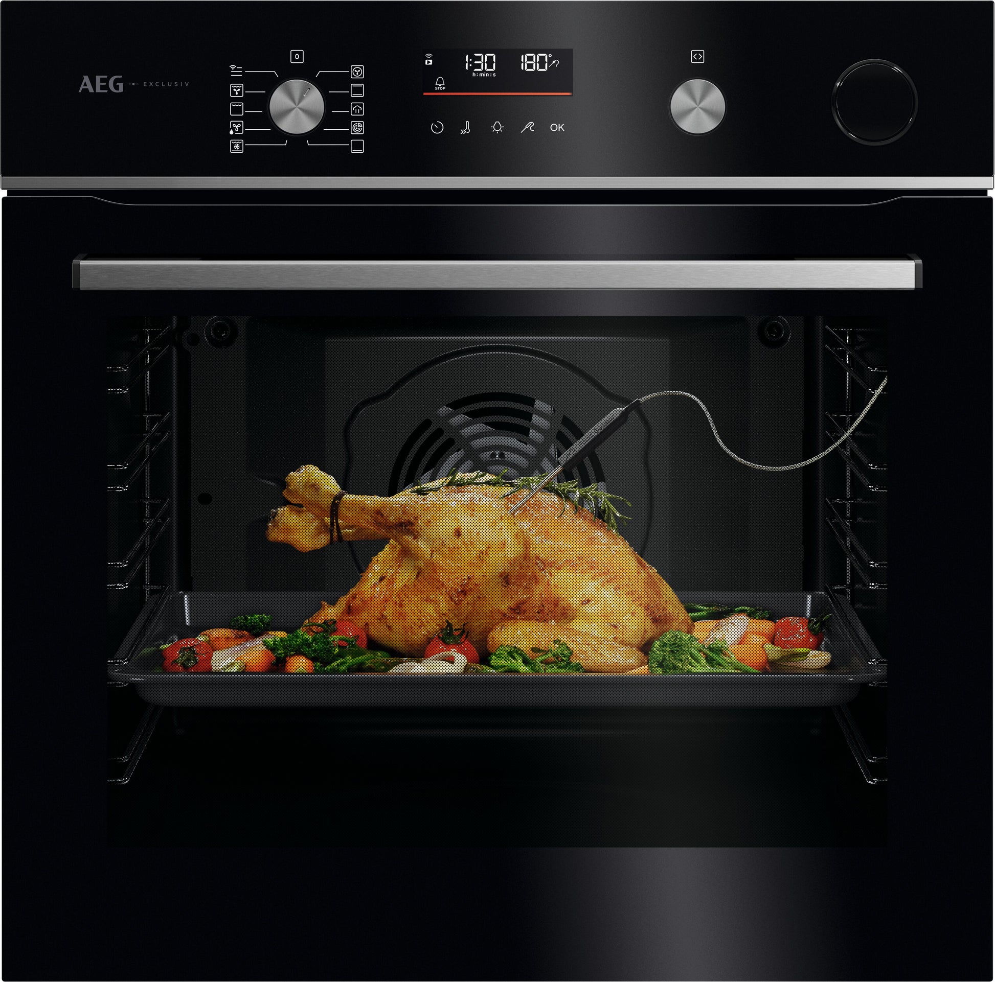 AEG GR6PB52FSB 59.6cm Built In Electric Single Oven - Gloss Black with Steel Trim