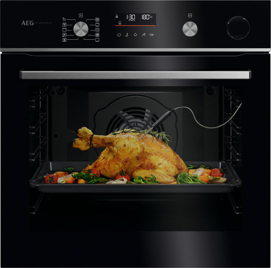 AEG GR6PB52FSB 59.6cm Built In Electric Single Oven - Gloss Black with Steel Trim