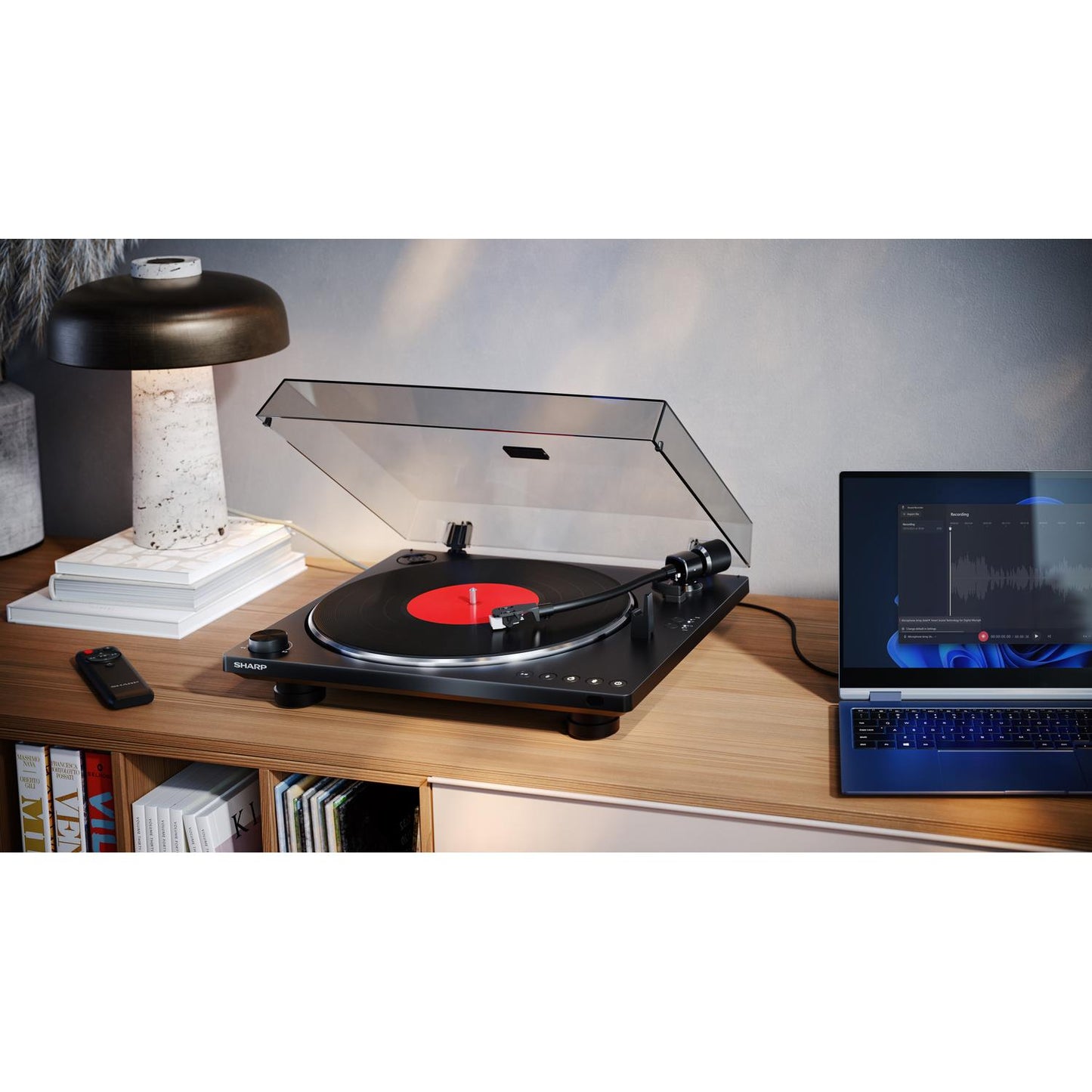 Sharp RPTT100CPSS30 Pair of Wireless Bookshelf Speakers with Automatic Bluetooth Turntable - Black
