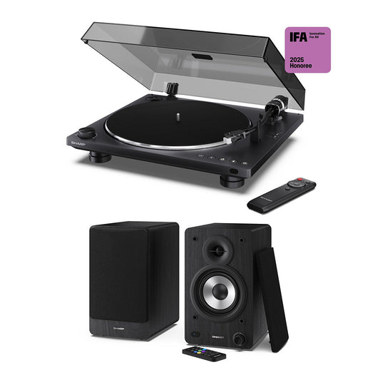 Sharp RPTT100CPSS30 Pair of Wireless Bookshelf Speakers with Automatic Bluetooth Turntable - Black