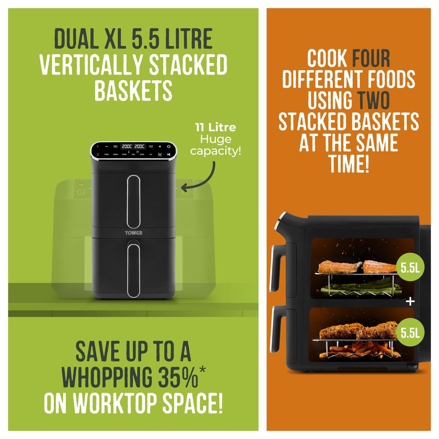 Tower T17190 Vortx 11L Dual Layer Air Fryer - Black with Chrome Trim